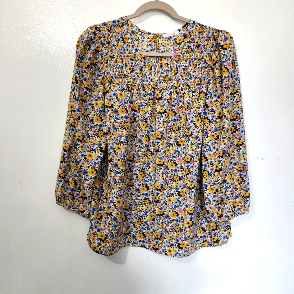 Pleione Floral Boho Blouse Medium 3/4 Sleeve Pansies Yellow Purple Blue Smocked